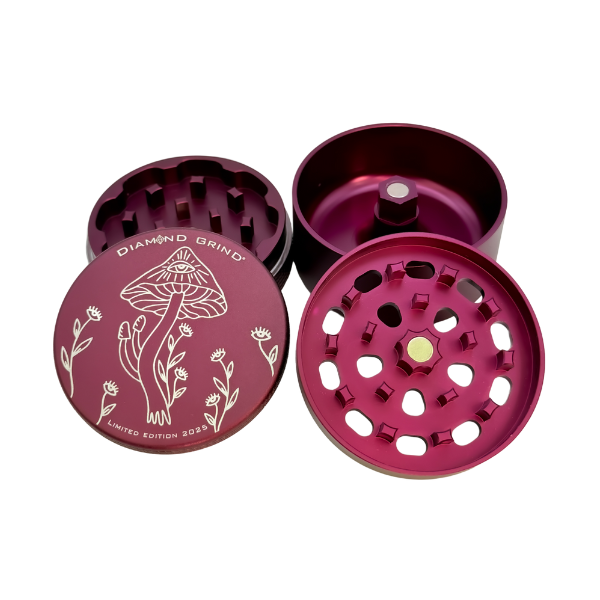 Purple Mushroom Limited Edition 4 Piece Threadless Herb Grinder with Smell Proof Lid